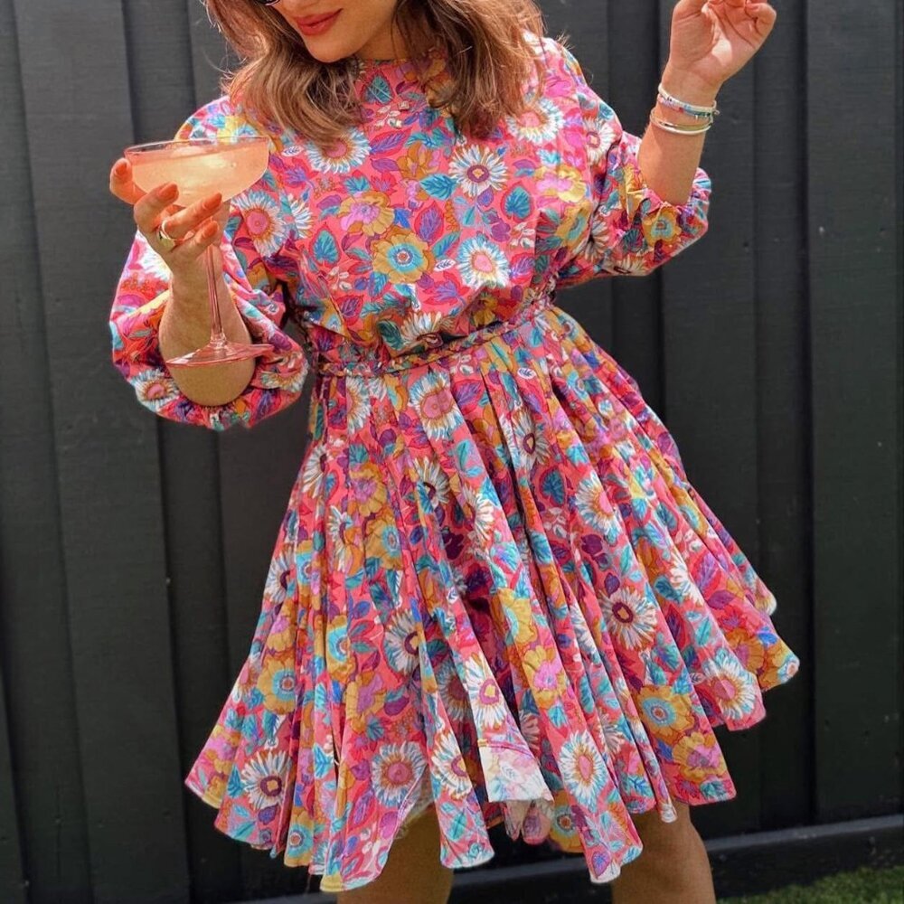 NWT Aakaa Multicolor Floral Cotton Pleated Mini Dress Size M